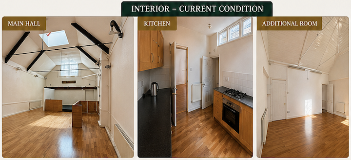 Current interior of the property — main hall, kitchen and additional room