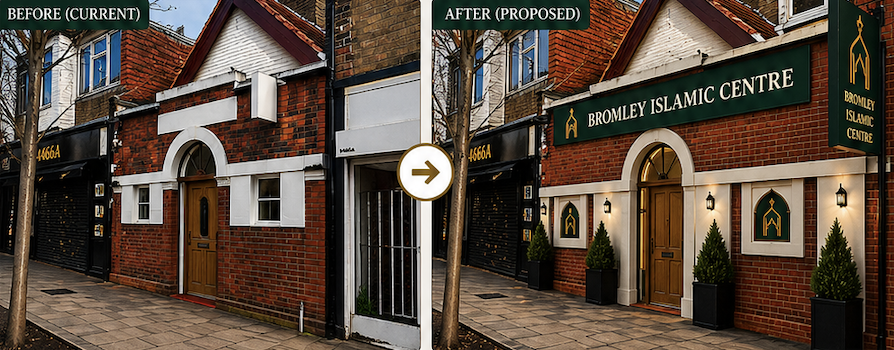 Before and after visualisation of the Bromley Islamic Centre exterior
