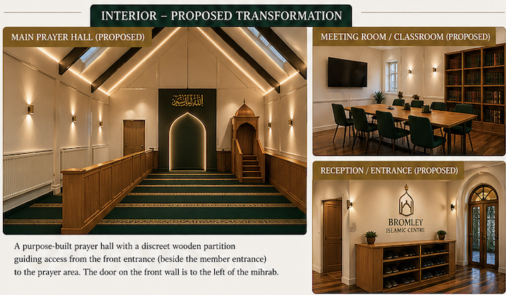 Proposed interior transformation — main prayer hall, meeting room and reception